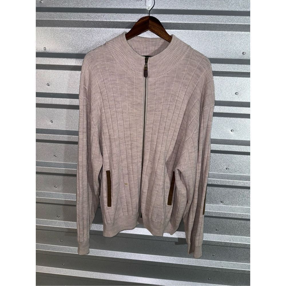 Orvis Tan 100% Wool w Leather Full Zip Sweater XL